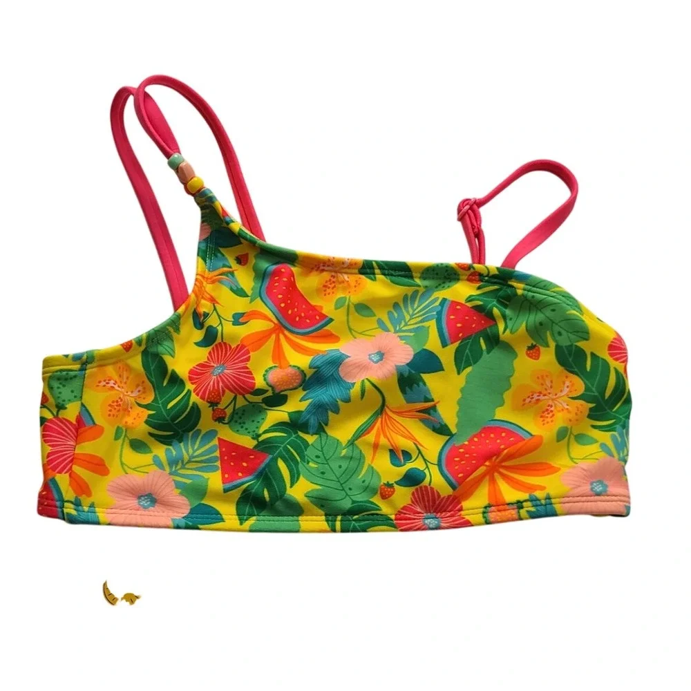 Cat & Jack Girls Yellow Tropical Fruit Bikini Swim Top L 10/12 NWT Sleeveless
